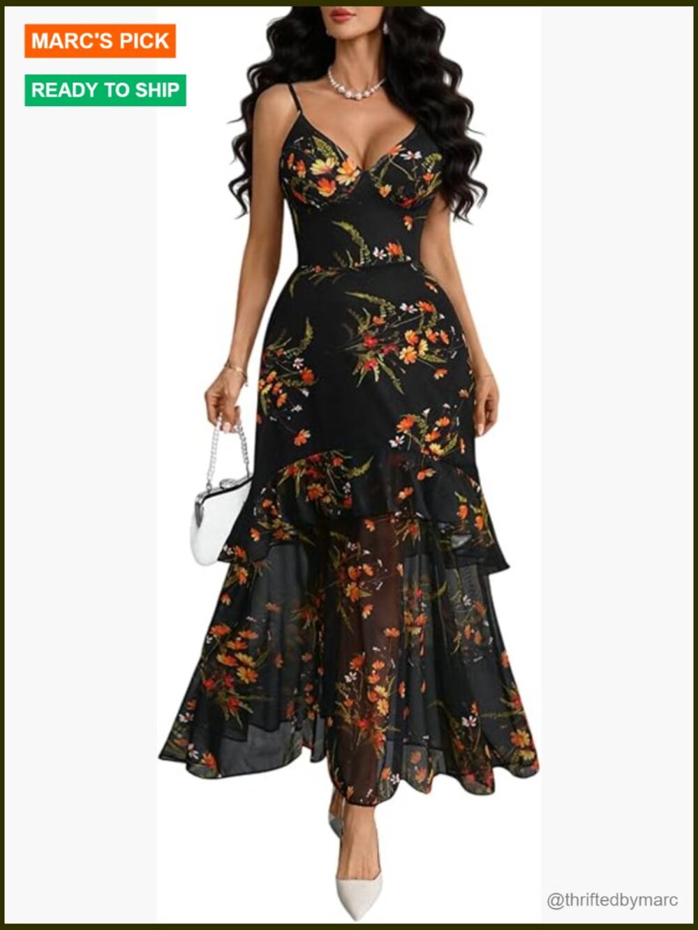 Floral Mesh Maxi Dress V-Neck Spaghetti Strap Tiered Ruffle Hem Wedding Guest